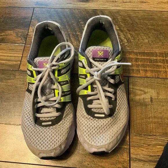 Nike Structure 16 Womens 8 Running Shoe Grey Purple Neon Yellow Preowned‎ - Picture 2 of 9